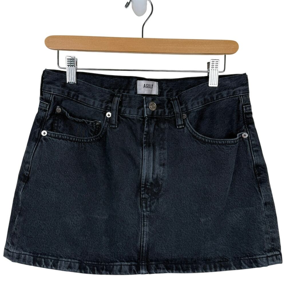 AGOLDE Liv Organic Cotton Denim Mini Skirt Faded Black Size 27 Low Rise A-Line